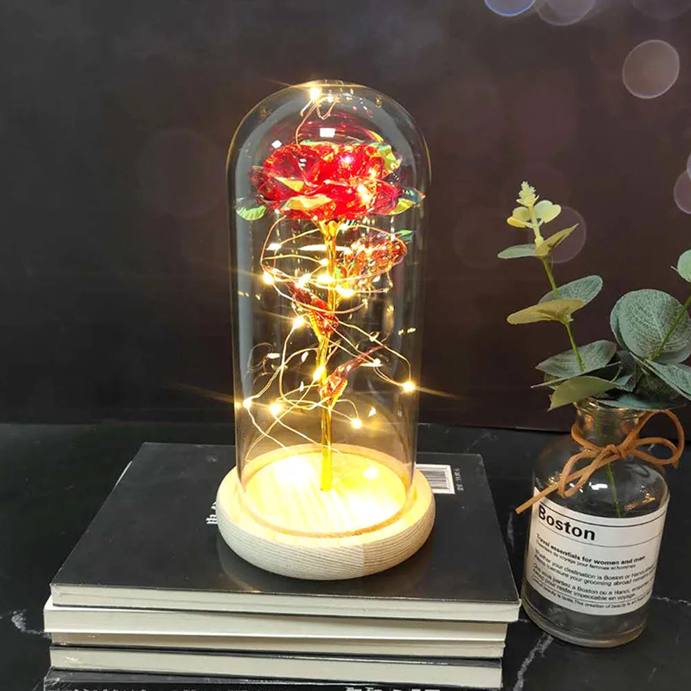 LED-lit silk rose bouquet under glass cover in various colours, 30cm centrepiece decoration
