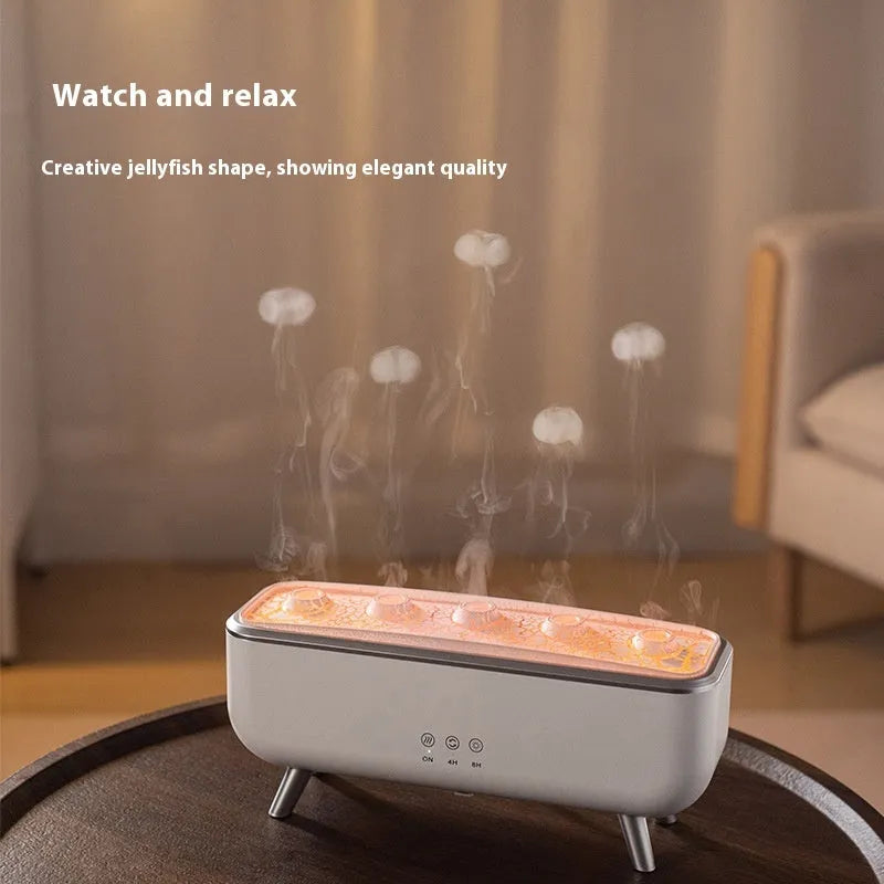White square ultrasonic jellyfish smoke ring humidifier with remote control and UK plug for desktop use