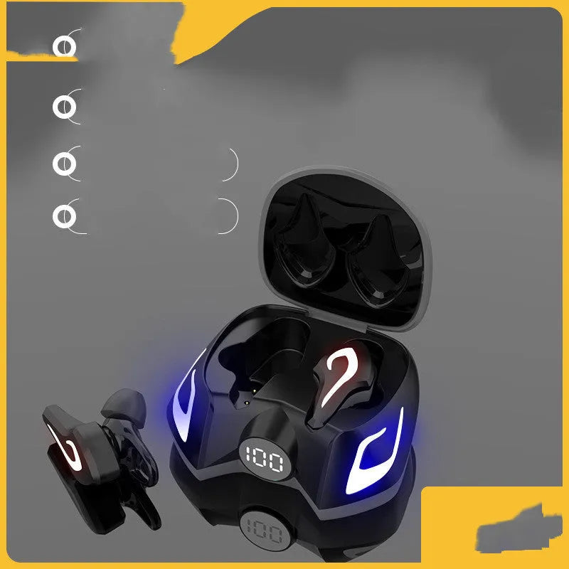 Black grey wireless Bluetooth gaming headset with earplug design showing battery display