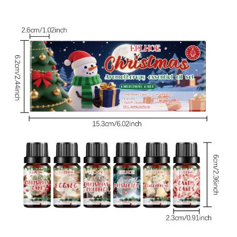 Christmas aromatherapy oil suit showing six diffuser units with 60ml and 10ml bottles