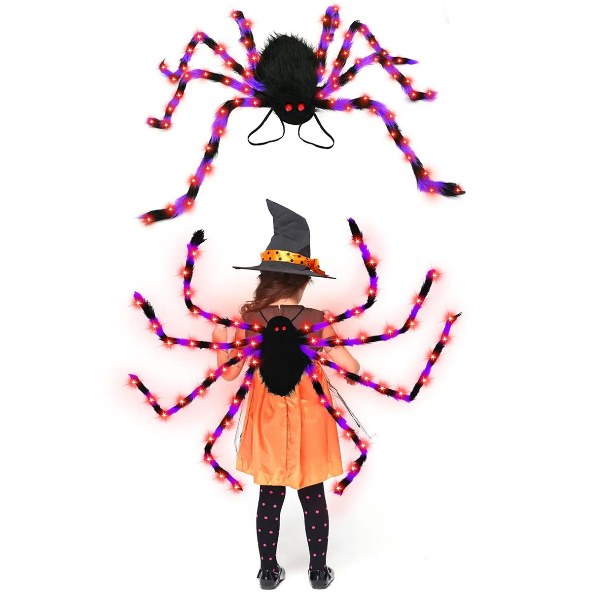 Halloween spider backpack with LED lights and plush sugar bag design in multiple colour variations