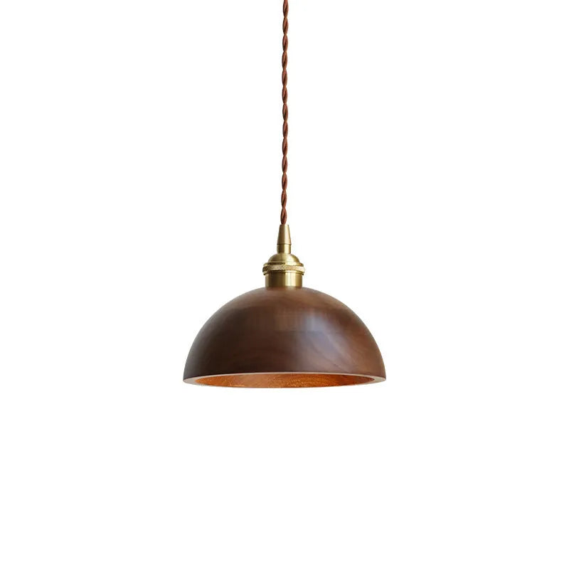 Black walnut and copper art single-head droplight chandelier with a fabric shade.
