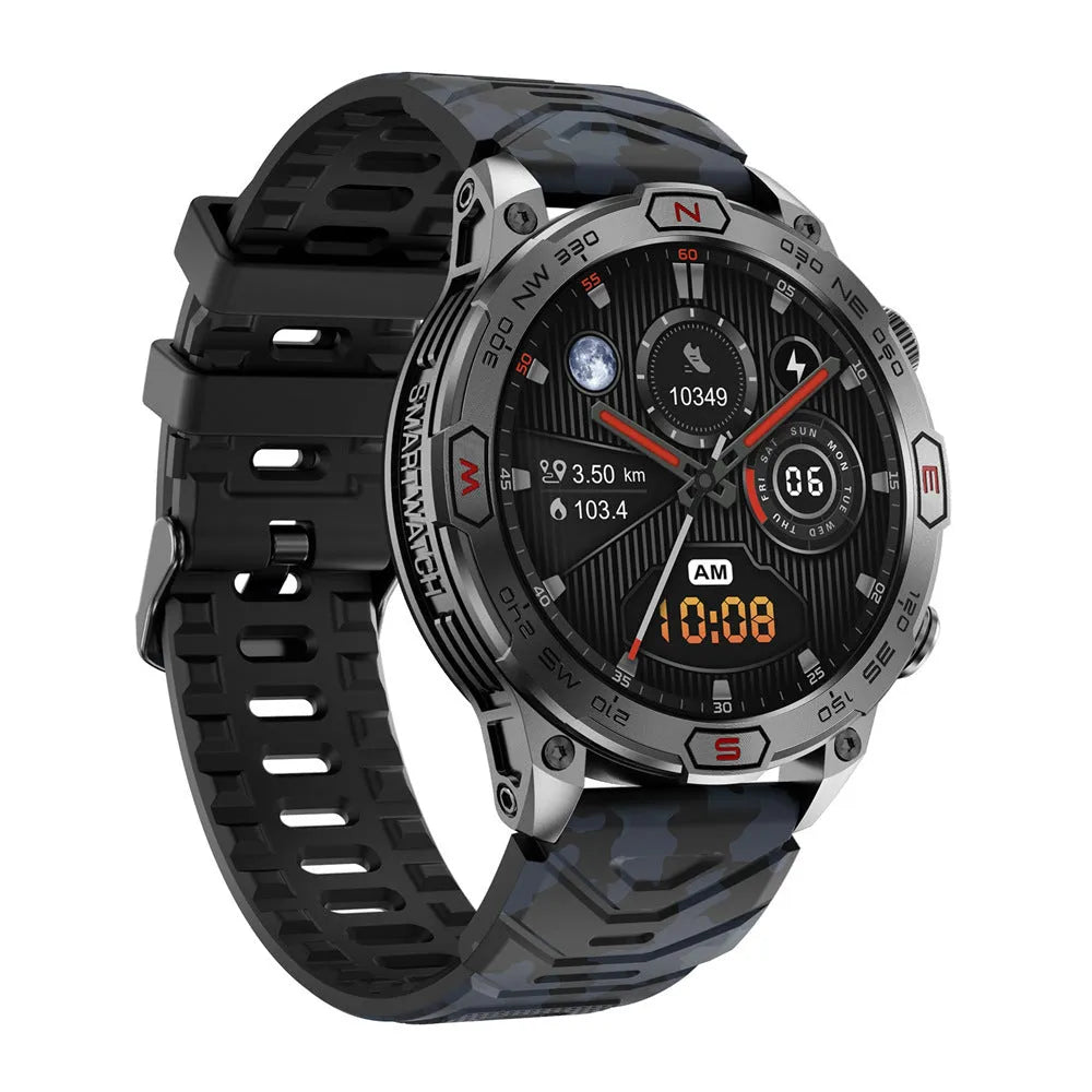 Black sports smartwatch with AMOLED display on a liquid silicone strap, showing fitness stats.