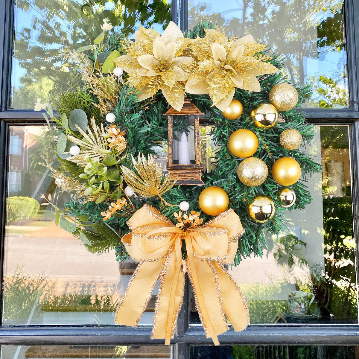 Plastic handmade holiday hanging garland in assorted wreath and light styles for festive door or wall display
