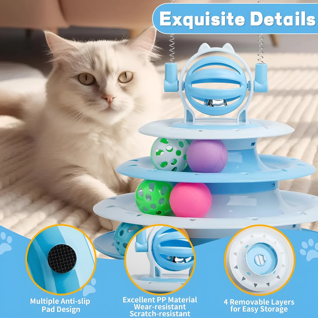 Blue 4-tier cat puzzle toy with 6 sliding balls and teasing rods on circular track