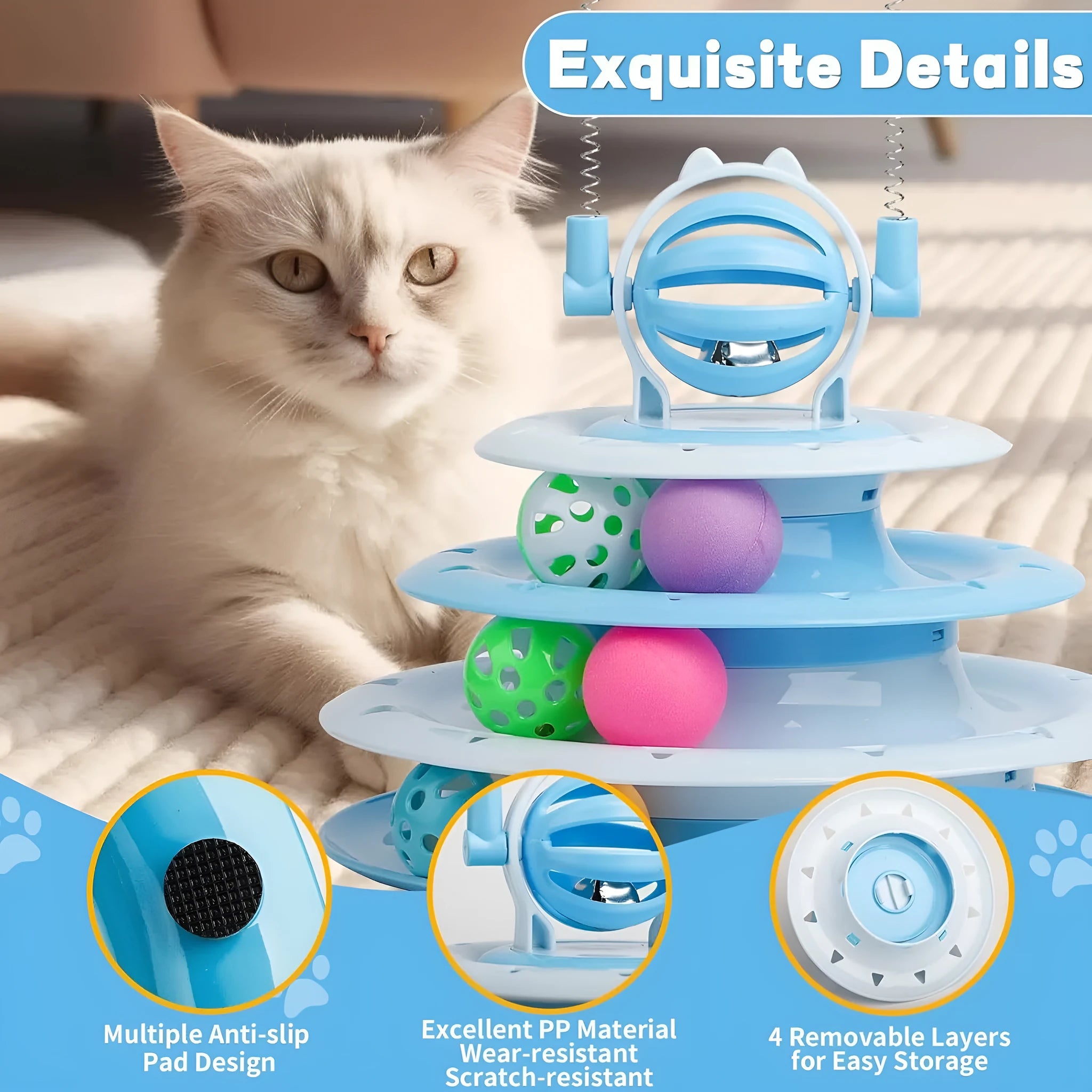 Blue 4-tier cat puzzle toy with 6 sliding balls and teasing rods on circular track