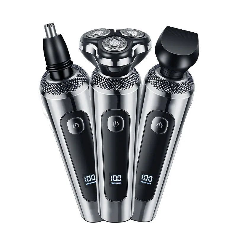 Digital USB rechargeable beard trimmer with LED display on its five-in-one charging base.