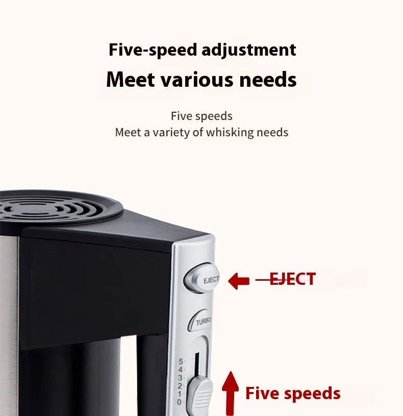 SL-25209 model silver and black 500W hand-held electric mixer with twin beaters on a kitchen worktop.
