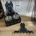 Personalised stainless steel dog bowl on iron stand with custom name engraving