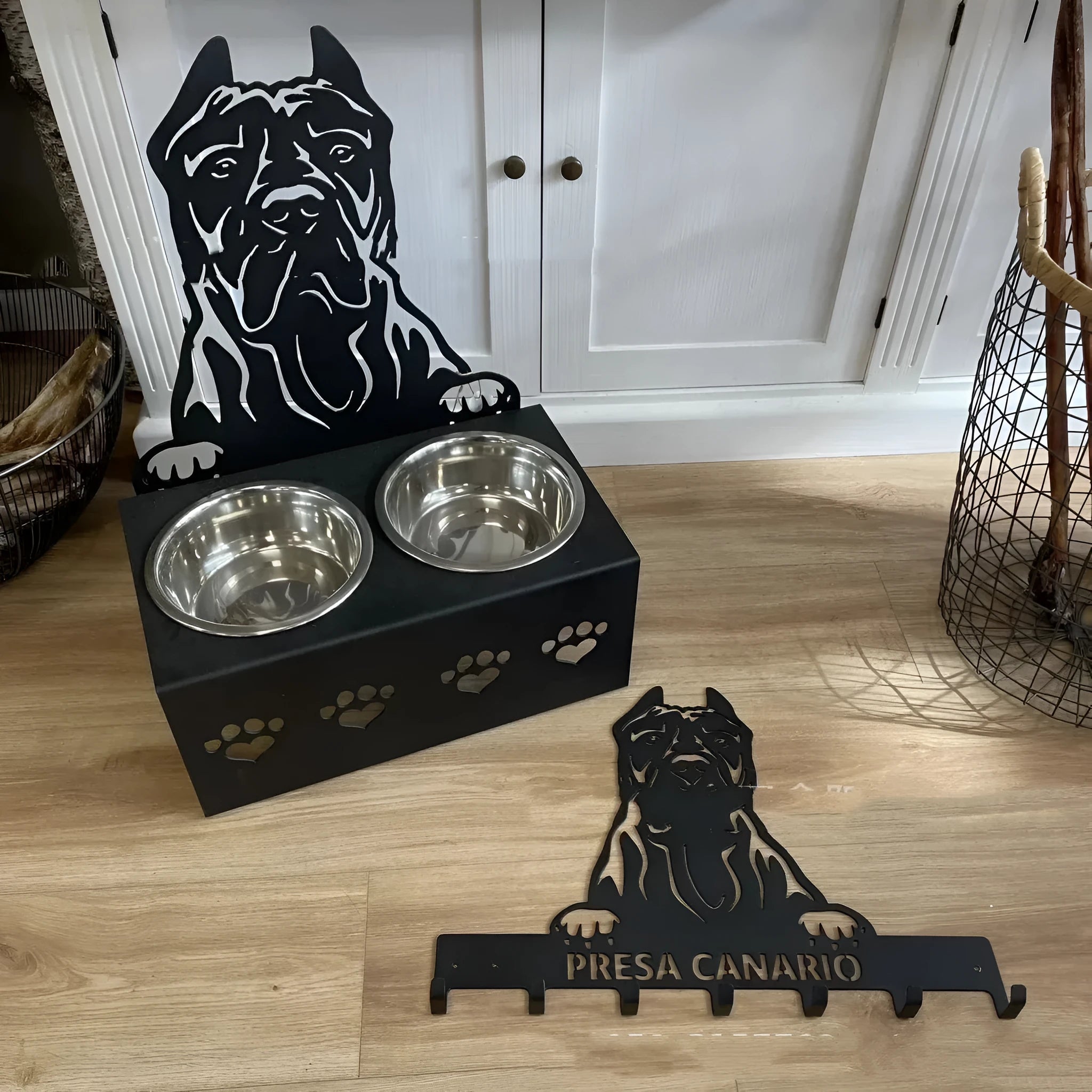 Personalised stainless steel dog bowl on iron stand with custom name engraving