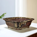 Purple sand square ceramic bonsai pot with coloured glaze, 27x27x9cm, handmade antique planter for flowers and green plants