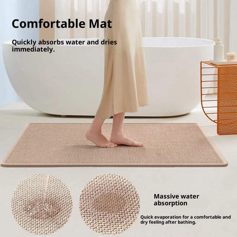 Solid color absorbent anti-slip quick-dry bathroom floor mat in size 40x60cm on a tiled floor