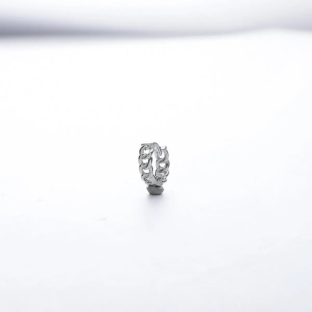 Men's geometric copper earring in silver, shown in single and pair configurations at 10mm and 14mm sizes.
