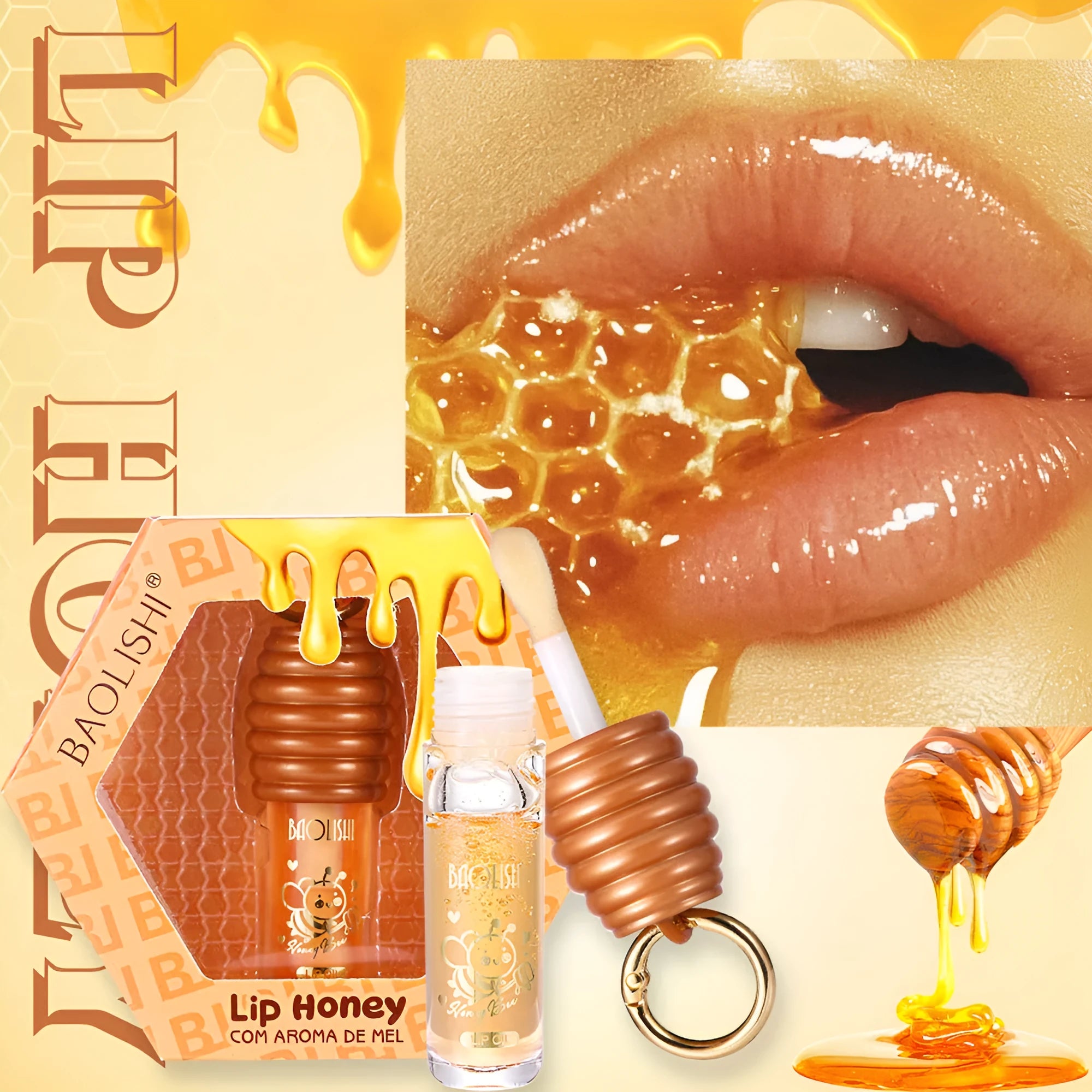Honey lip gloss on a silver keychain clip against a neutral background.