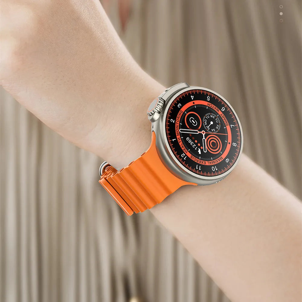 K9 smart watch in black with round colour screen on a silicone strap, showing a fitness stats dial.