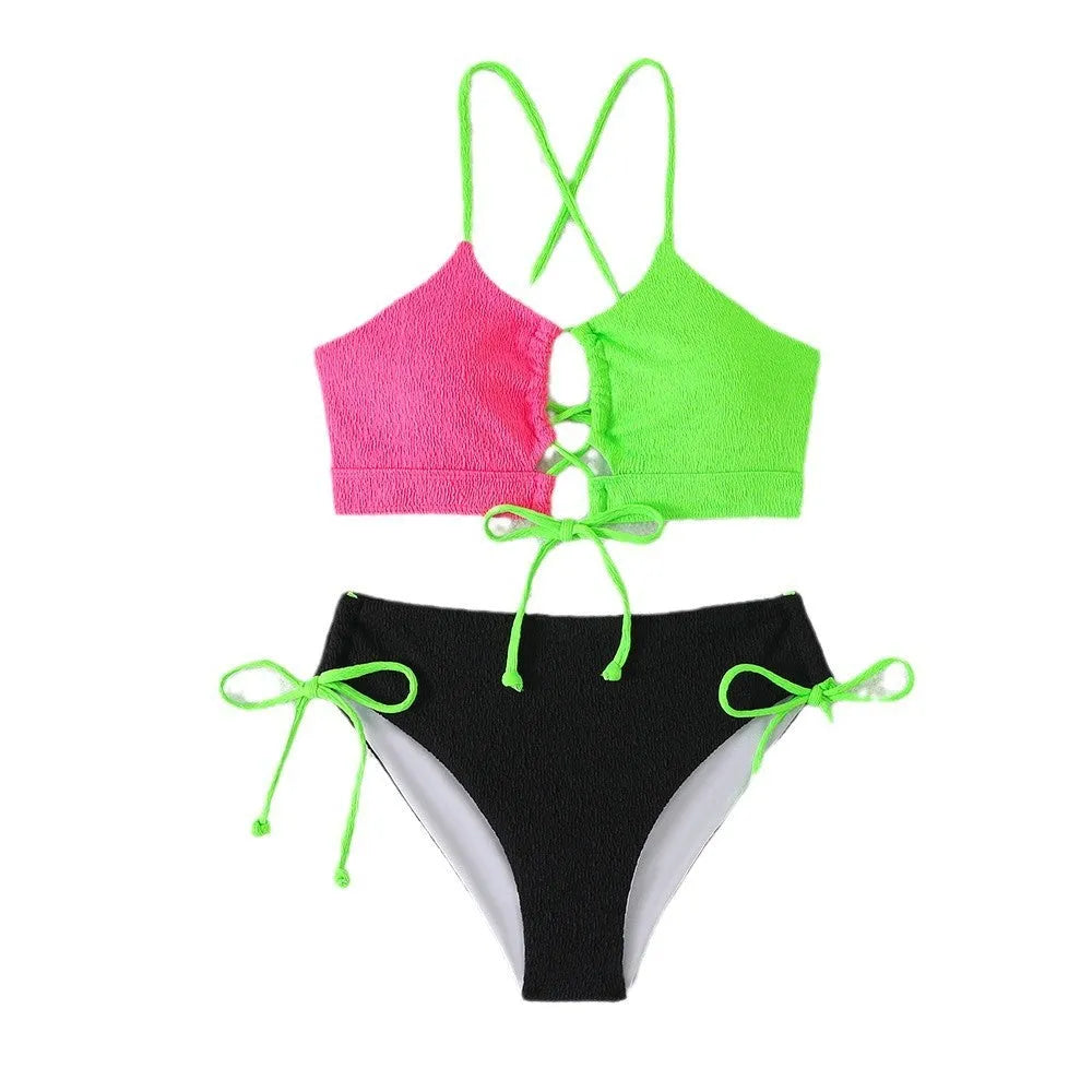 Women's black and white contrast colour cross sling hollow bikini set in polyester, front view