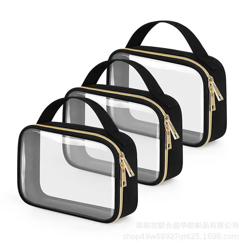 Transparent PVC cosmetics wash bag with chain handle in multiple colour options.
