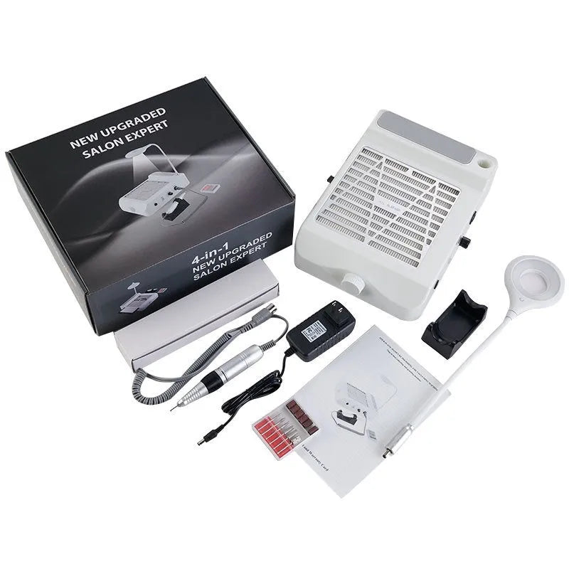 White four-in-one nail polisher machine with vacuum cleaner attachment and dual voltage options