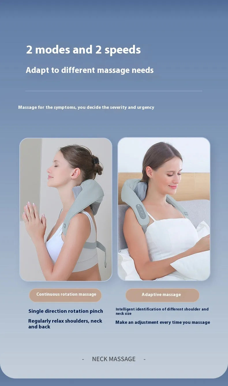 Gray USB-rechargeable neck and back massager with elastic fabric, shown with charging cable.