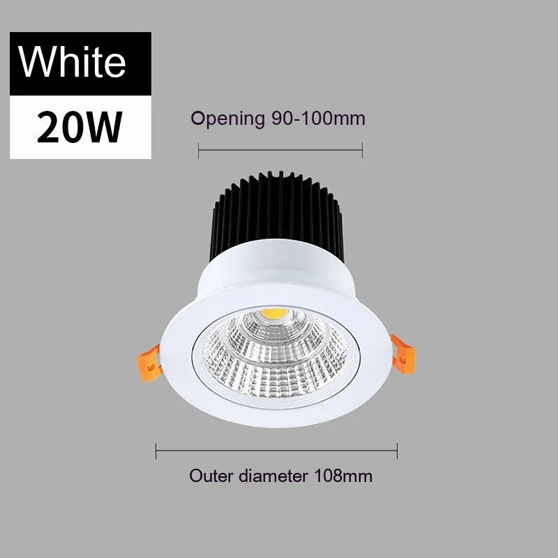 White aluminium embedded LED ceiling spotlight with anti-glare design showing three colour temperature options