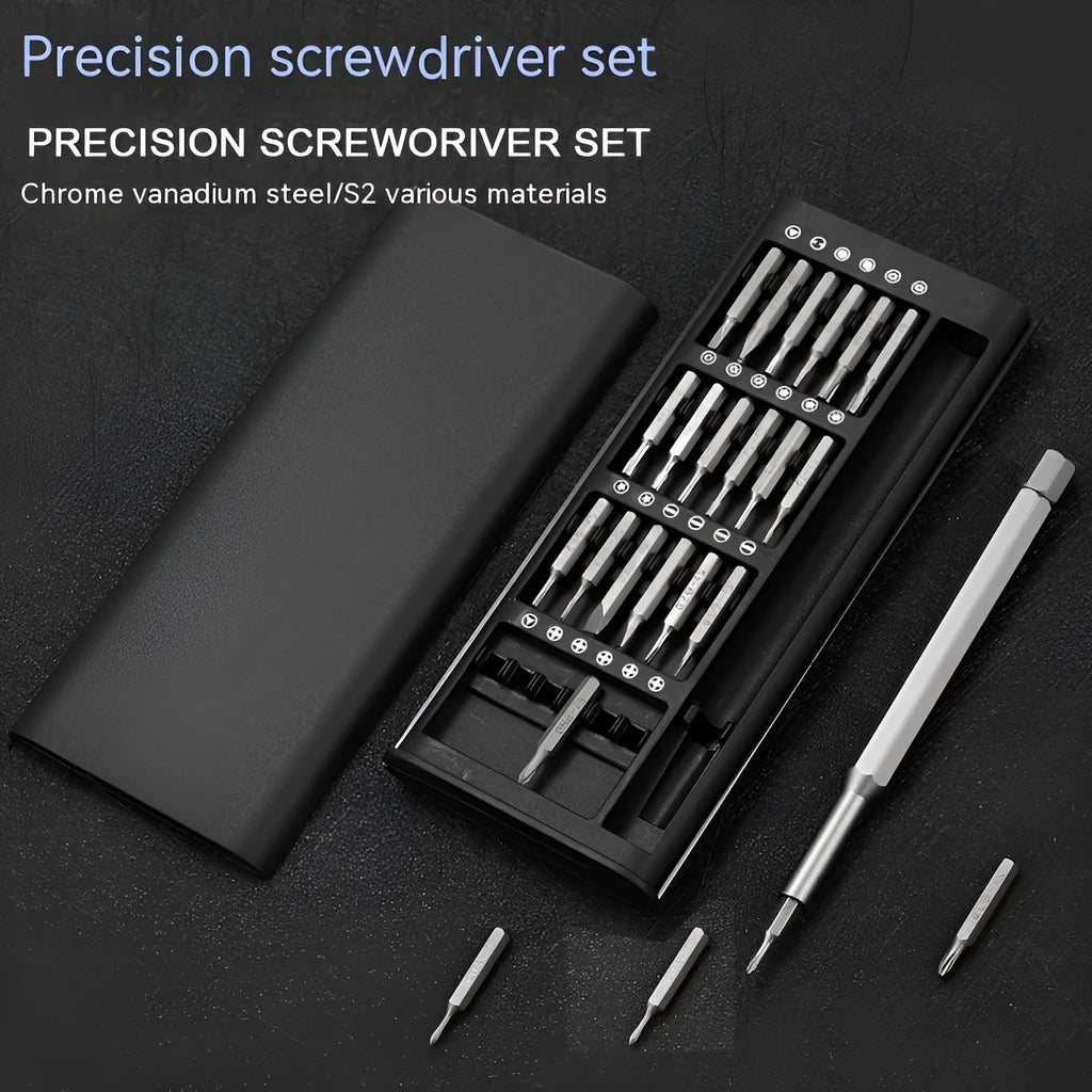 24-in-1 magnetic precision screwdriver set with bits, chrome vanadium steel shaft, and aluminium/plastic handles.