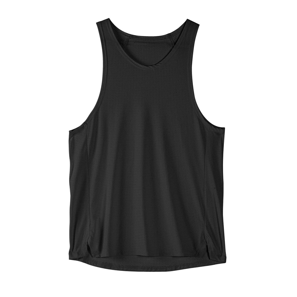 Men's black sleeveless nylon vest laid flat, showing casual sports style.