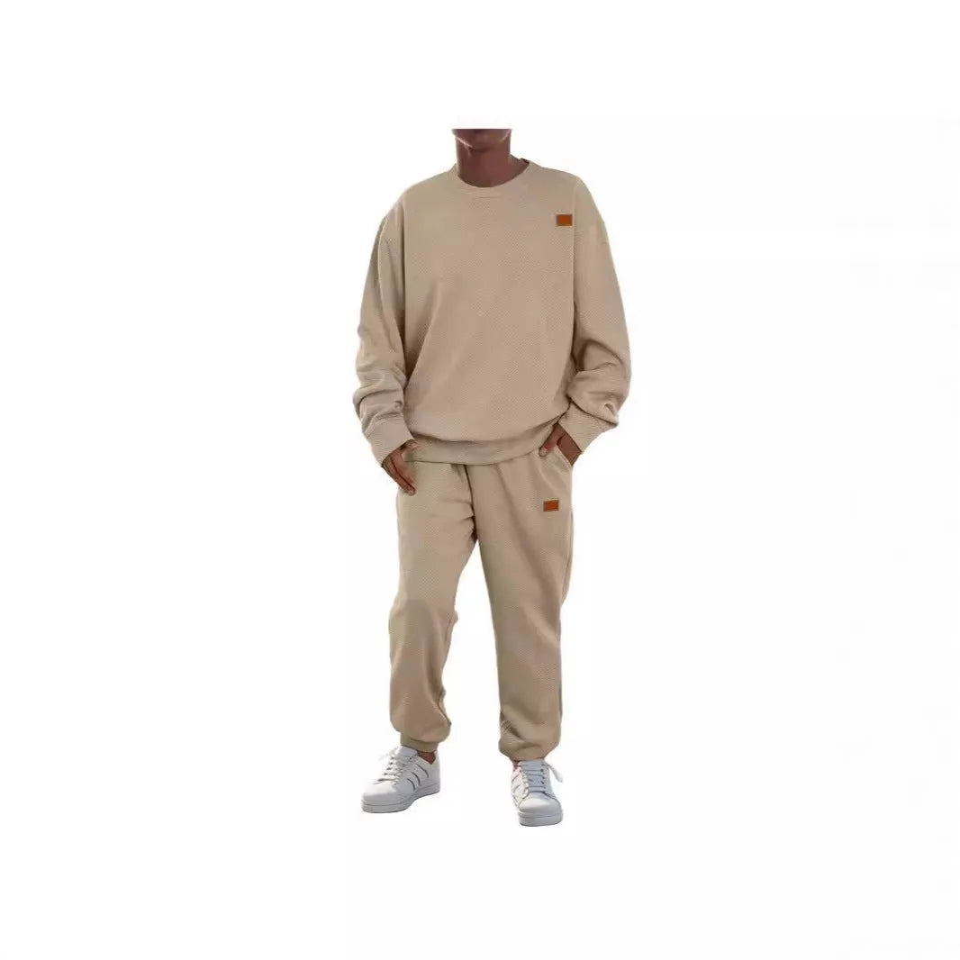Men's round neck sweater set with long sleeve top and trousers in polyester blend, shown in black, beige, gray, khaki and army green