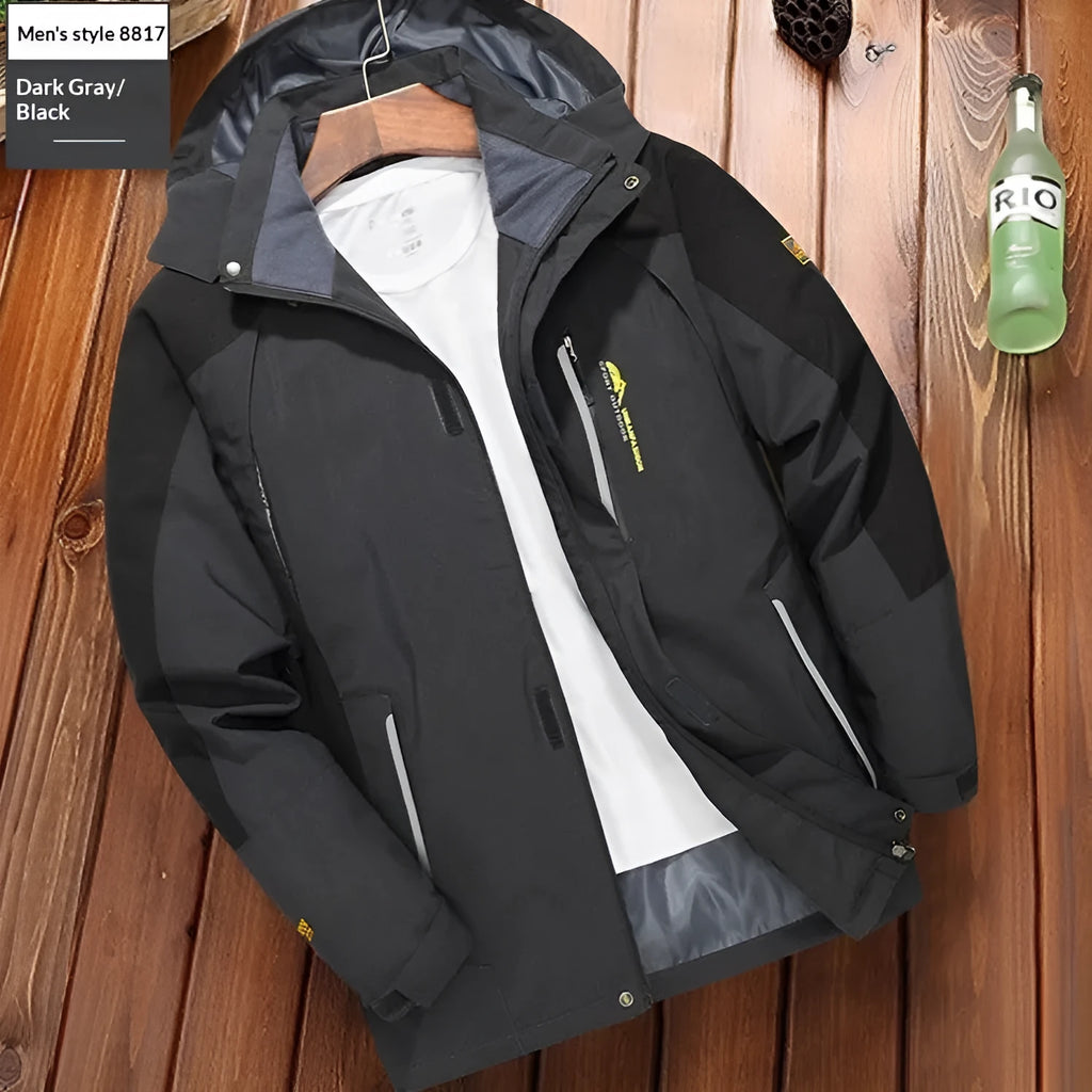 Men's windproof waterproof outdoor windbreaker thin jacket in grey solid colour cardigan style for hiking and camping