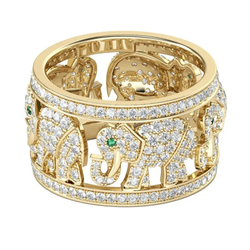 Creative elephant design alloy ring with full diamond accents in electroplated finish