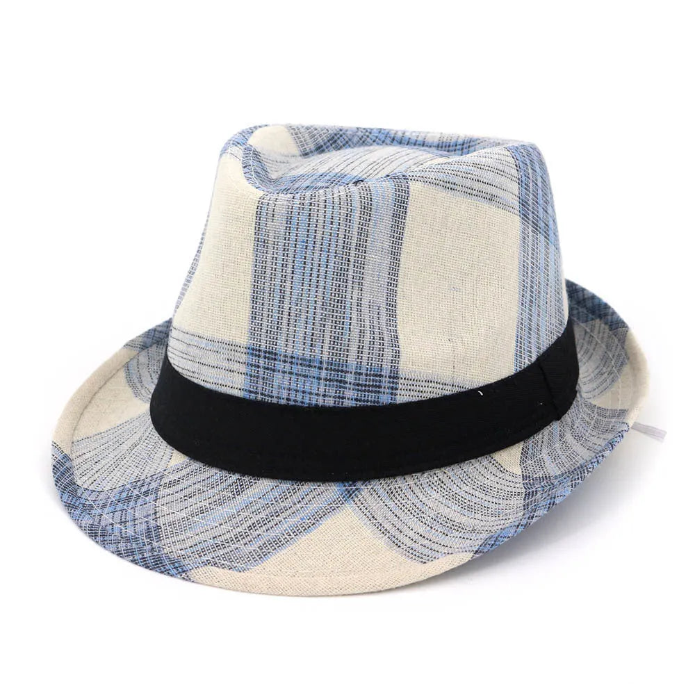 Blue and black polyester straw hat with bell-shaped crown and 4.5cm brim for sun protection