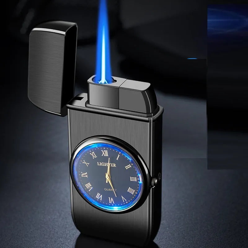 Multifunctional electronic watch and gas lighter with LED lamp in metal casing, shown in various brushed and textured finishes.