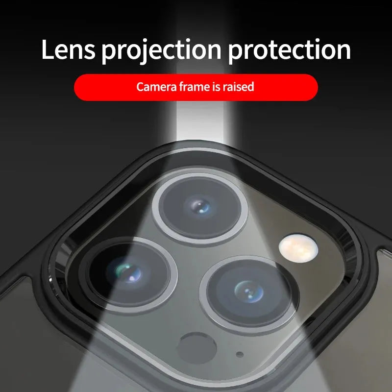 Magnetic suction shell phone case with metal lens frame and acrylic back for iPhone, black edge red frame