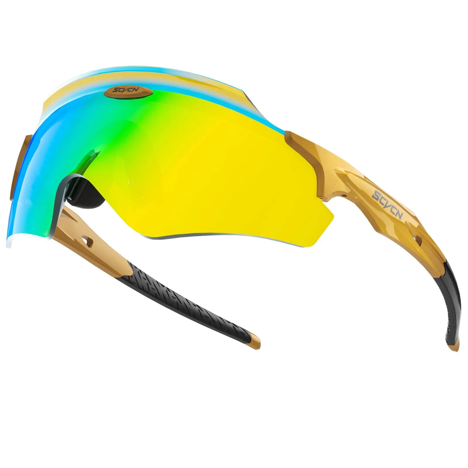 Frameless windproof sports goggles with a colourful single lens for athletic use.