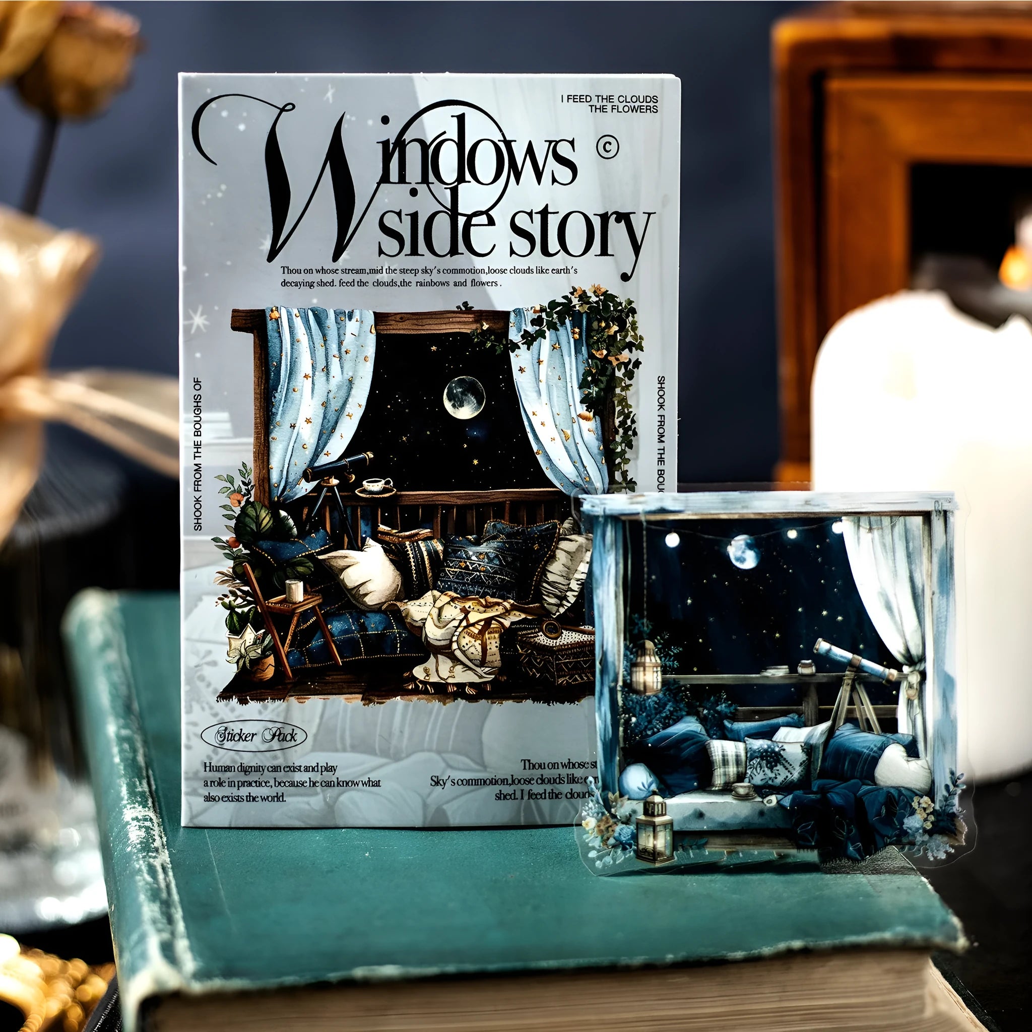Window Story Series journal decorative stickers set showing six retro-style printed designs with scenic window themes