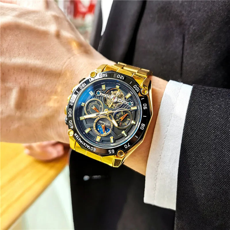 Men's automatic mechanical watch with 12mm case in various colour combinations including silver, black, and black with gold
