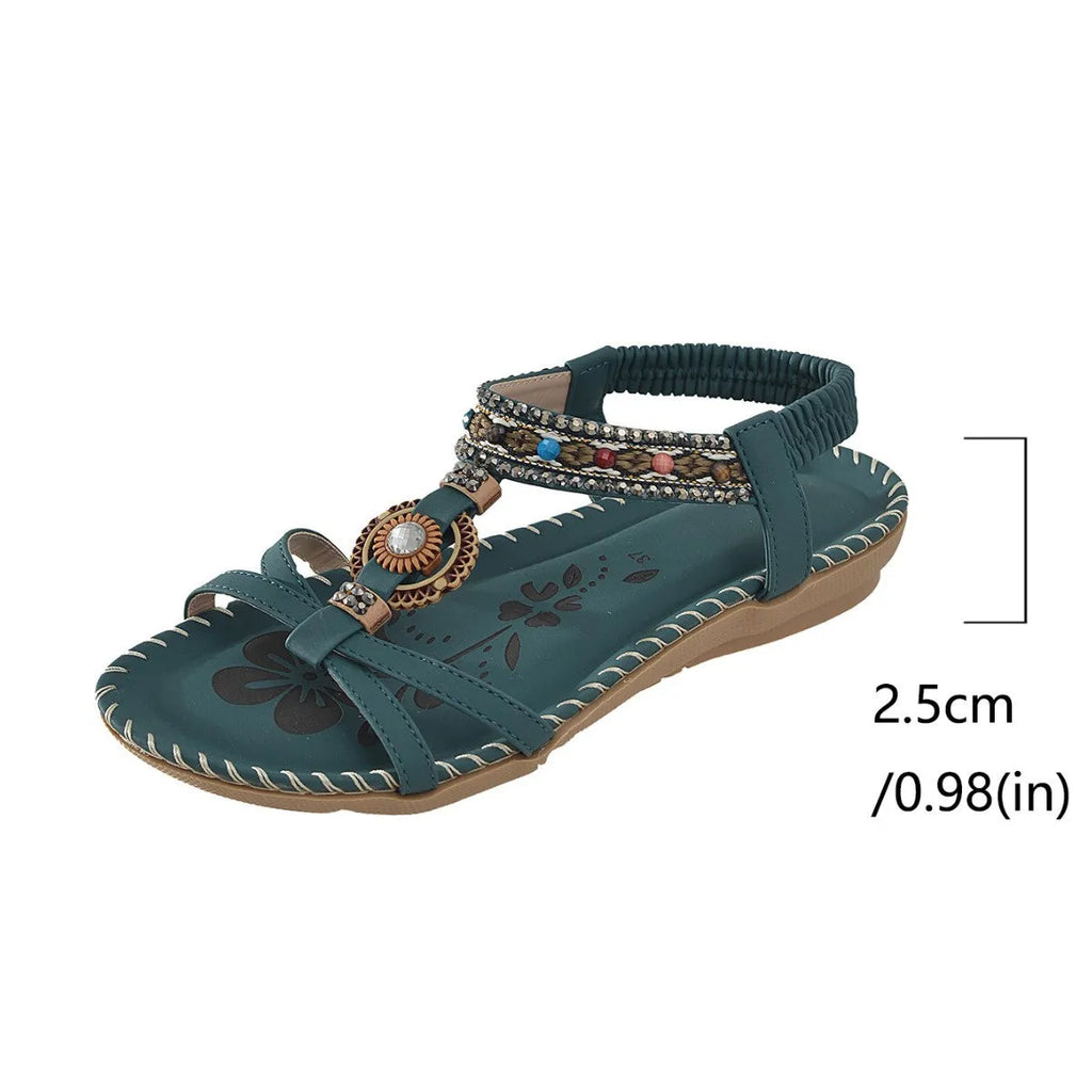 Handmade beaded rhinestone flat beach sandals for women, dark green, PU upper, low top, TPR sole