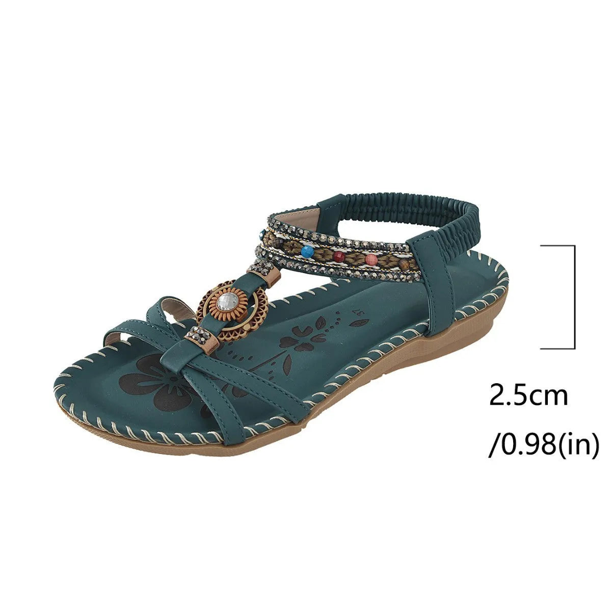Handmade beaded rhinestone flat beach sandals for women, dark green, PU upper, low top, TPR sole