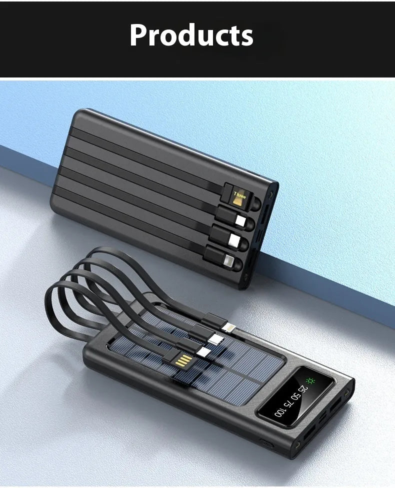 Black solar power bank with 20000mAh capacity and built-in charging cable for mobile phones