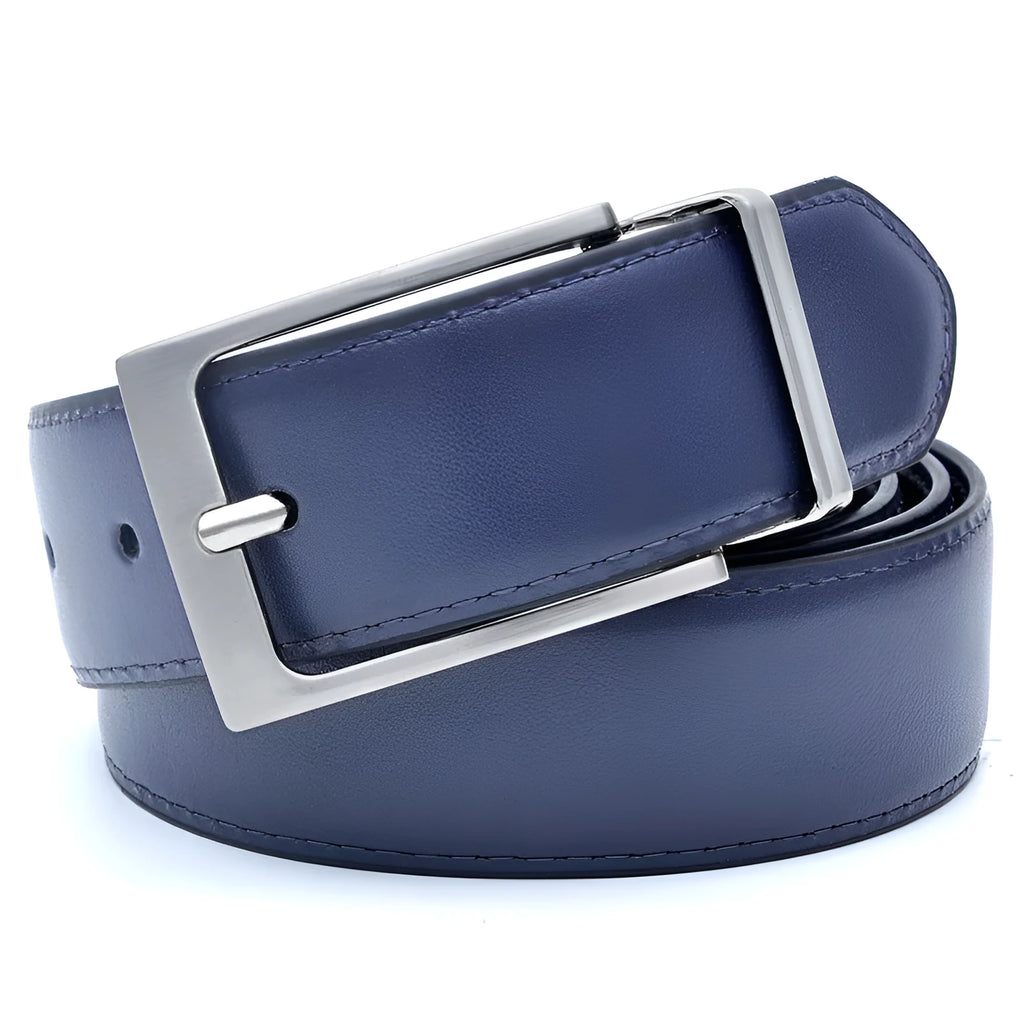 Men's brown black genuine leather belt with rotating alloy pin buckle shown at 120cm length