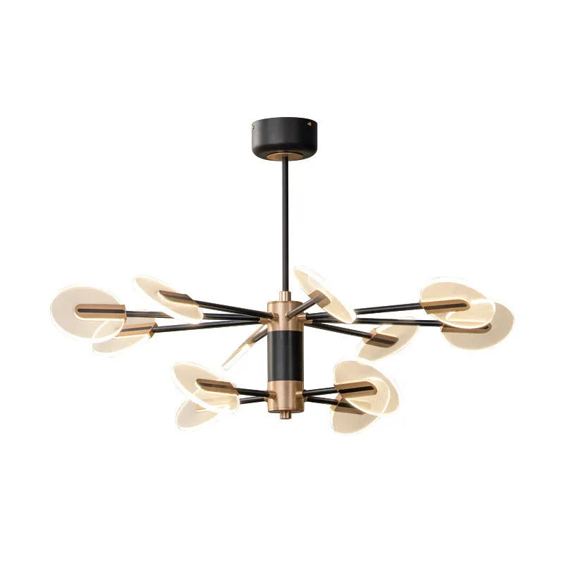 Nordic style LED chandelier with black iron frame and white acrylic shades, shown in a dining room setting.