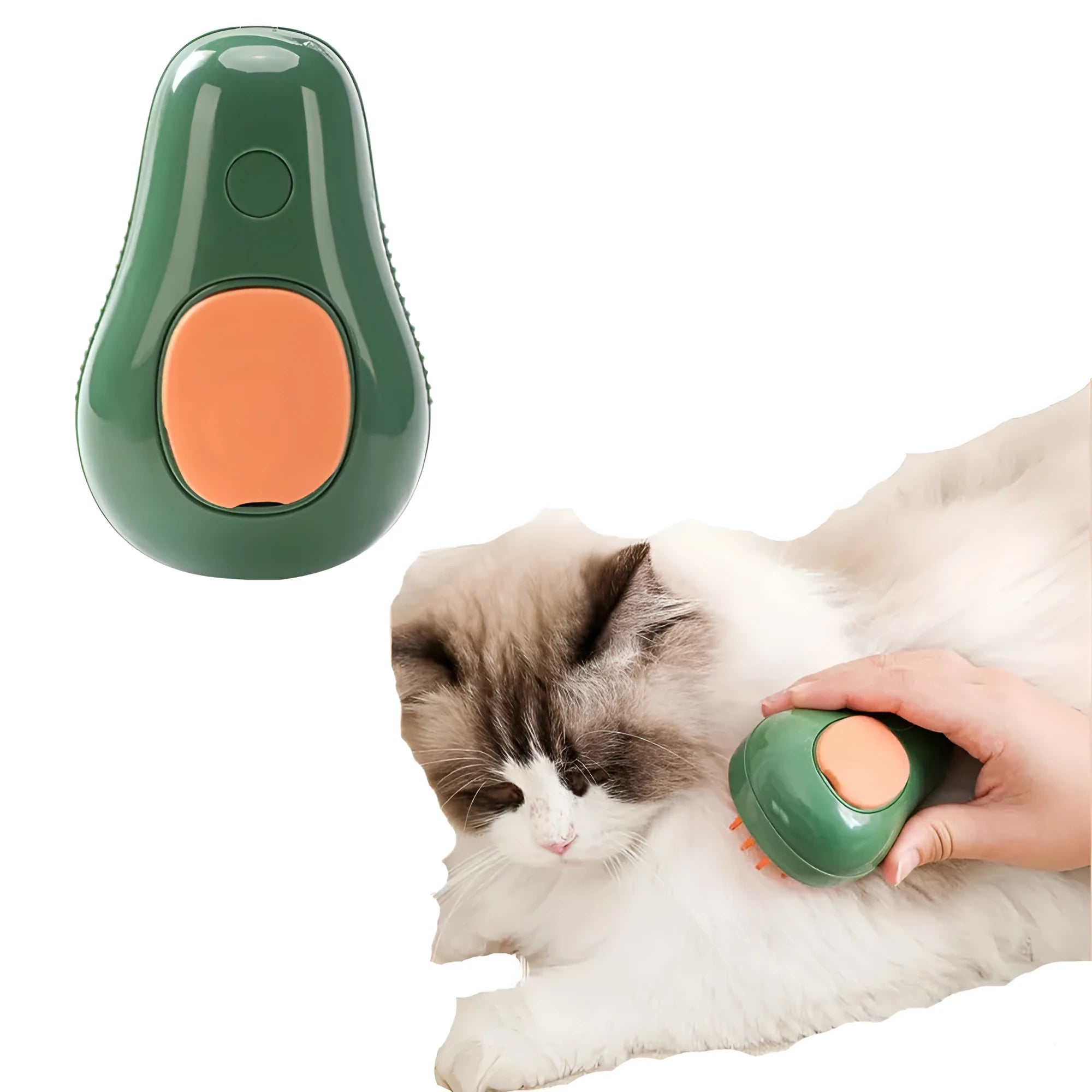 Green and white rechargeable cat steam brush comb with silicone bristles and water spray.