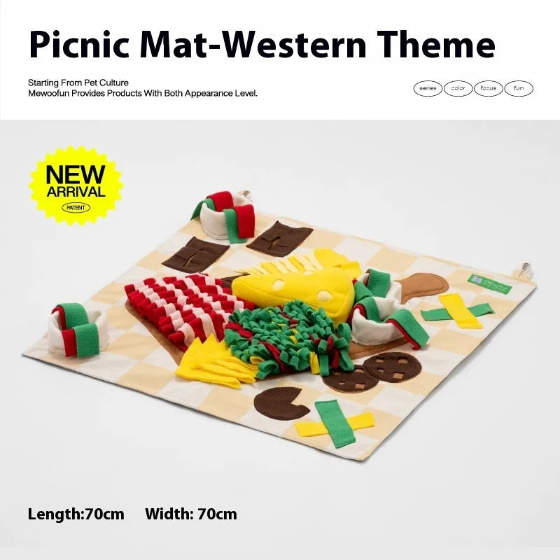 Plastic fabric dog sniffing mat in a thematic design, used for hiding food treats as a pet enrichment toy
