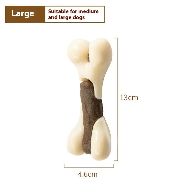 Bone grinding rod dog chew toy in foodie bones colours with cowhide leather and nylon cord construction