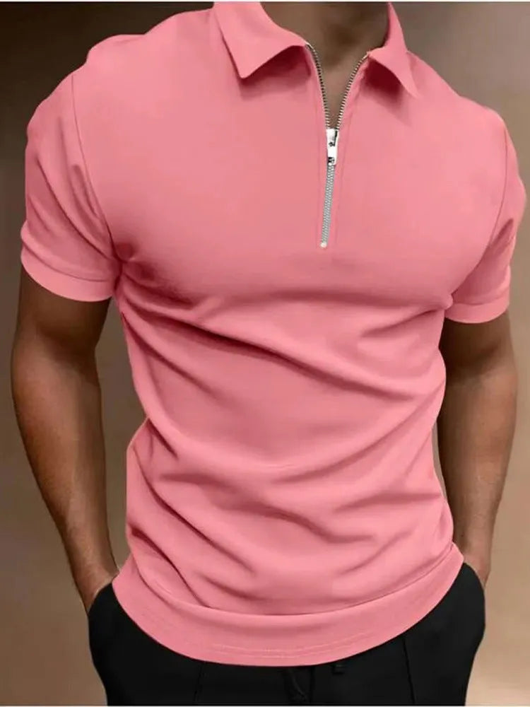 Men's casual short sleeve polo shirt with a digital print pattern, shown in a loose fit.