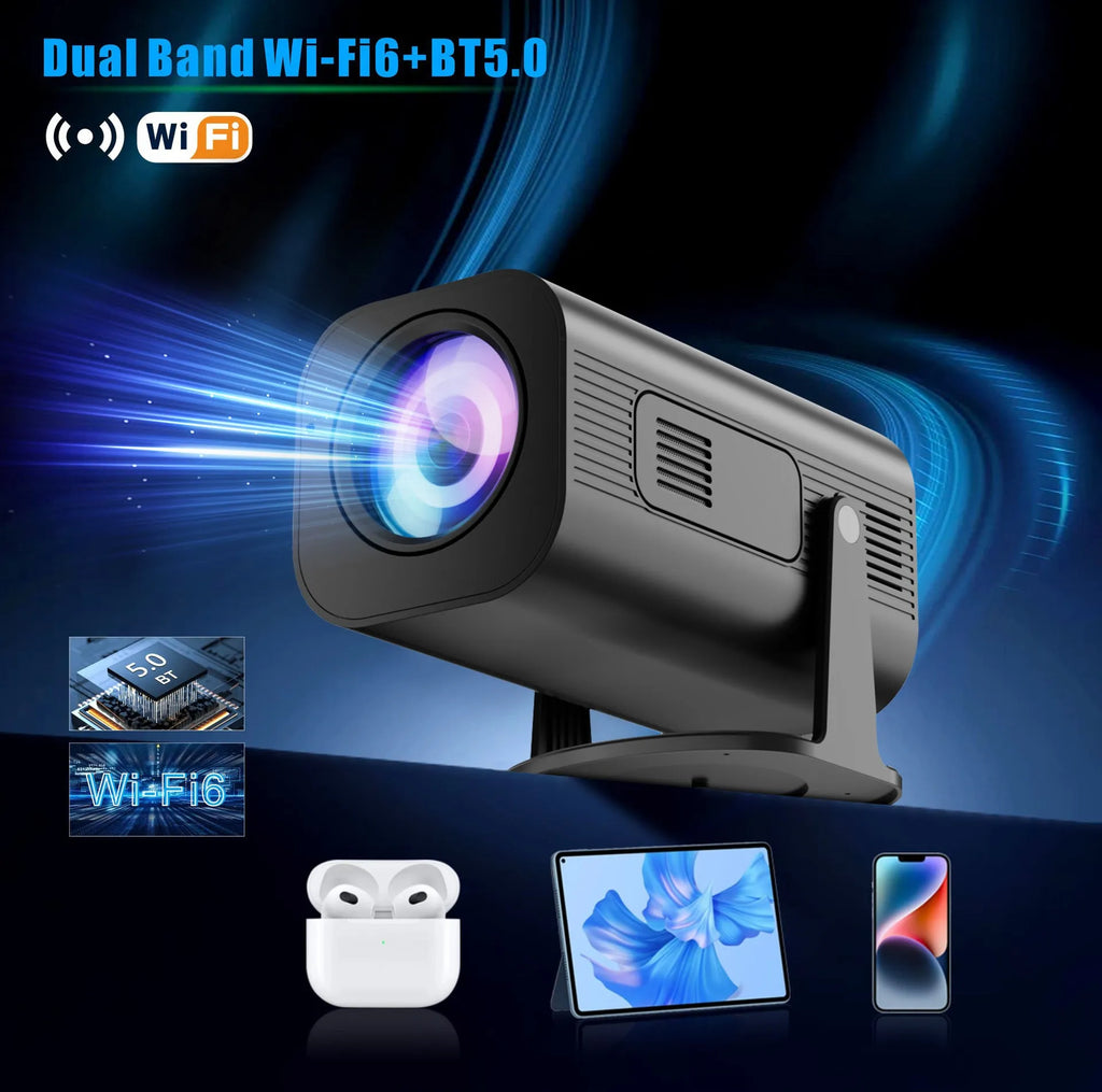 Black or white P330 portable mini projector with remote control on a table.