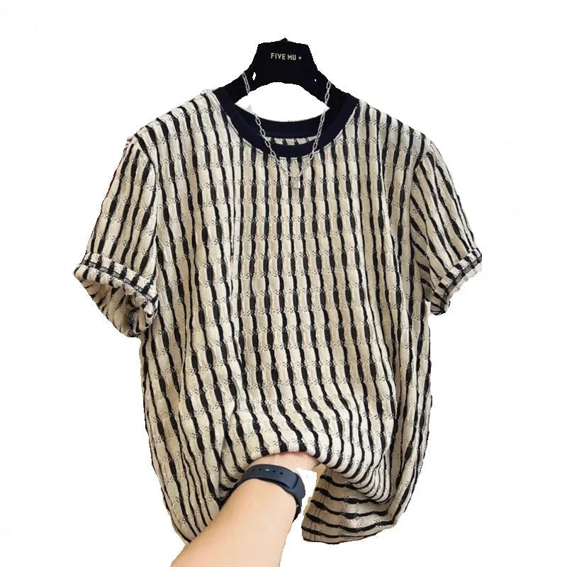 Men's black striped linen shirt with loose fit and short sleeves