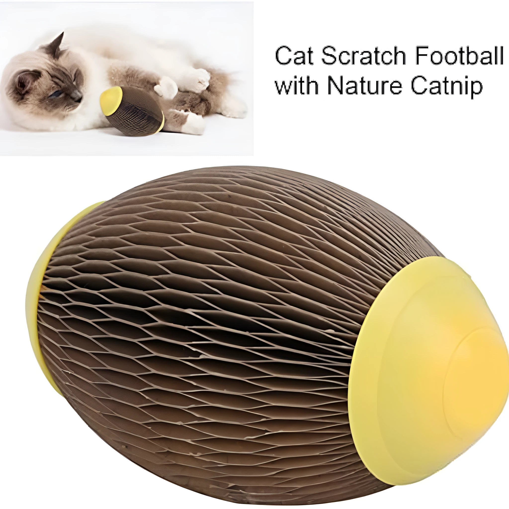 Elliptical football‑shaped cat toy made from brown recycled corrugated paper, shown next to a ball of catnip.