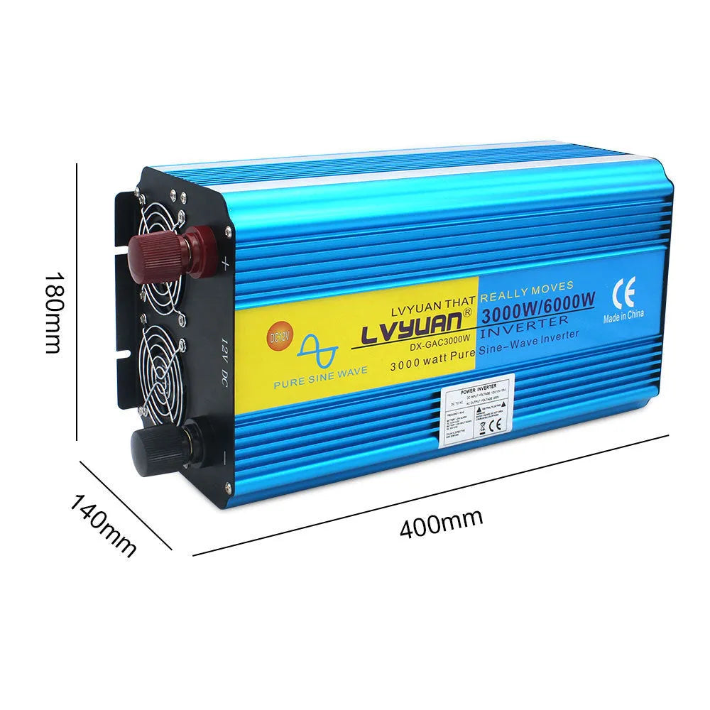 Blue 3000W car power inverter with digital displays converting 12V/24V to 220V pure sine wave