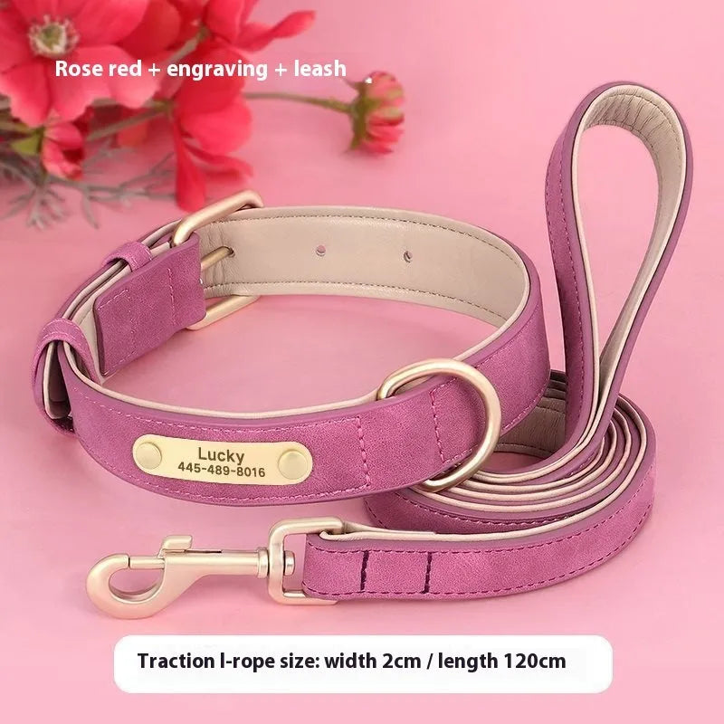 Double-layer leather dog collar and matching lead in rose red, brown or blue
