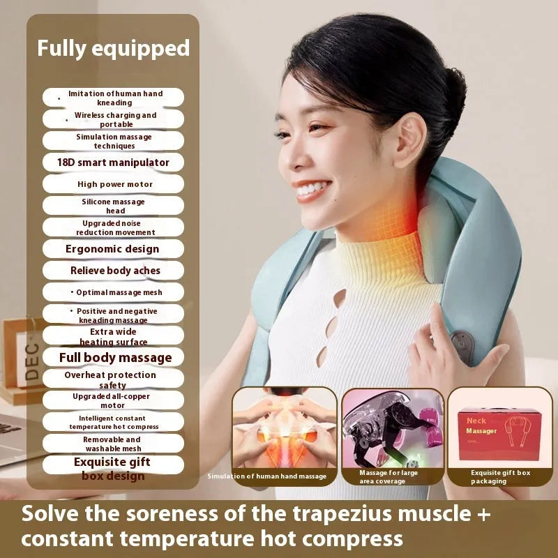 Blue rechargeable electric neck and back massager showing foldable design and compact 230x135x160mm size